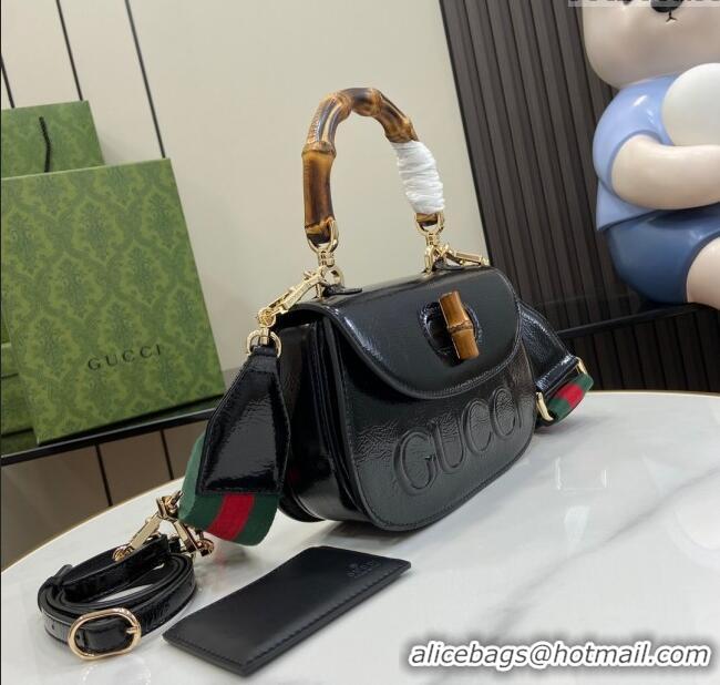 Spot Bulk Gucci Bamboo 1947 Patent Leather Small bag with Embossed GUCCI Logo 675797 Black 2024