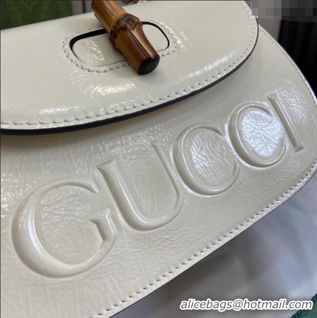 New Cheap Gucci Bamboo 1947 Patent Leather Small bag with Embossed GUCCI Logo 675797 White 2024