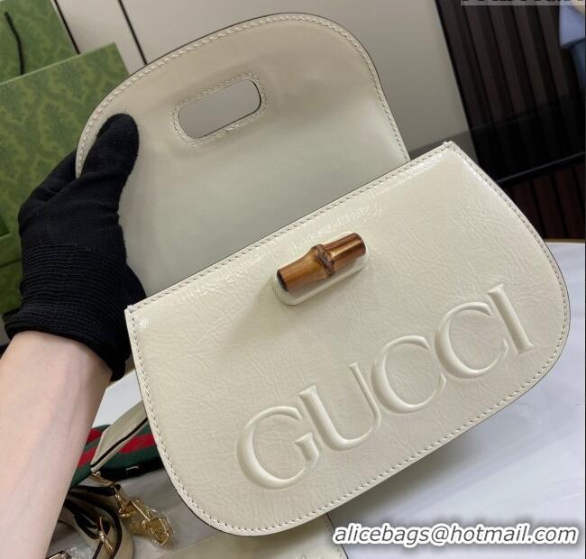 New Cheap Gucci Bamboo 1947 Patent Leather Small bag with Embossed GUCCI Logo 675797 White 2024