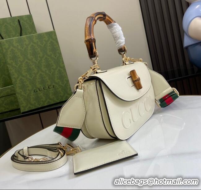 New Cheap Gucci Bamboo 1947 Patent Leather Small bag with Embossed GUCCI Logo 675797 White 2024