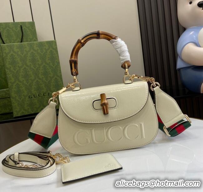 New Cheap Gucci Bamboo 1947 Patent Leather Small bag with Embossed GUCCI Logo 675797 White 2024