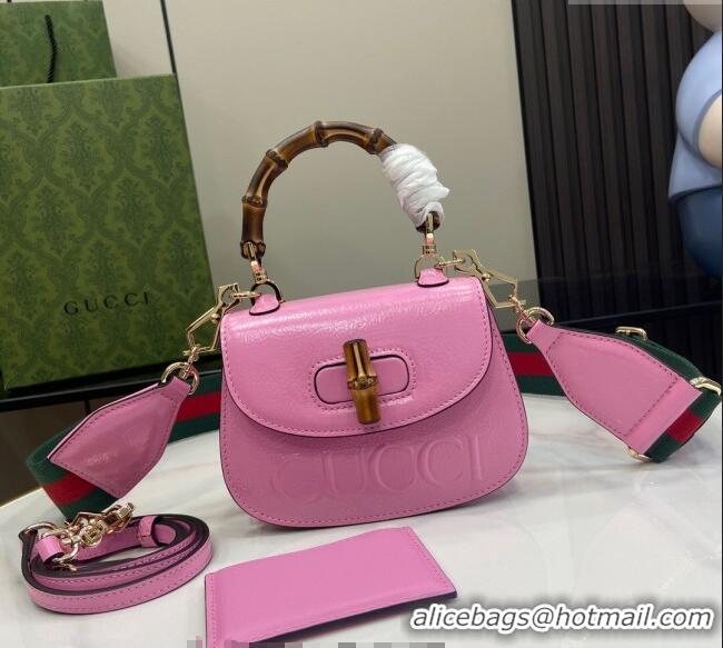 New Design Gucci Bamboo 1947 Patent Leather Mini bag with Embossed GUCCI Logo 786482 Pink 2024