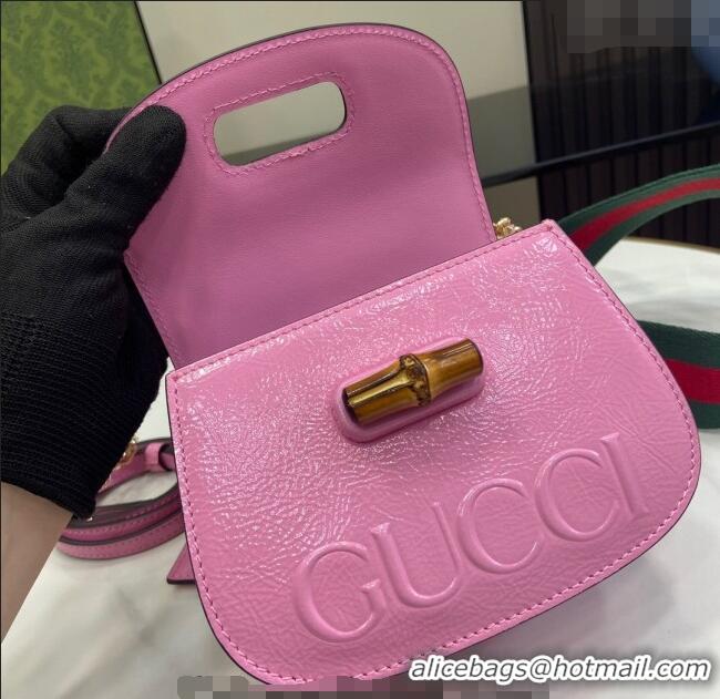New Design Gucci Bamboo 1947 Patent Leather Mini bag with Embossed GUCCI Logo 786482 Pink 2024