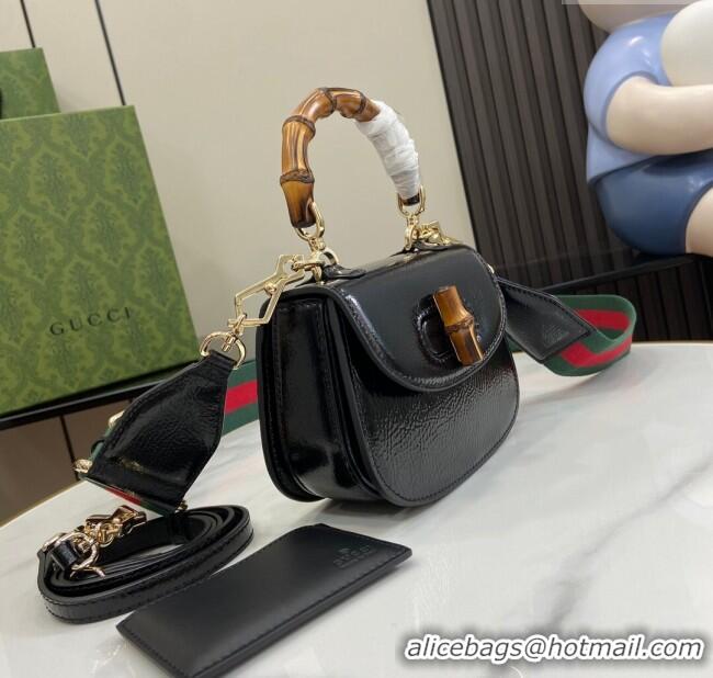 New Stylish Gucci Bamboo 1947 Crinkled Patent Leather Mini Top Handle bag 786482 Black 2024