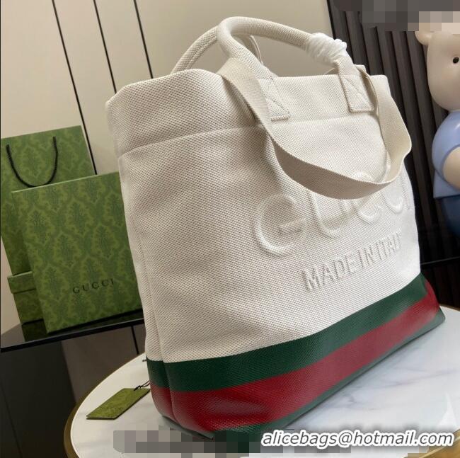 New Cheap Gucci Canvas Tote bag with Embossed Detail 782741 White/Green/Red 2024
