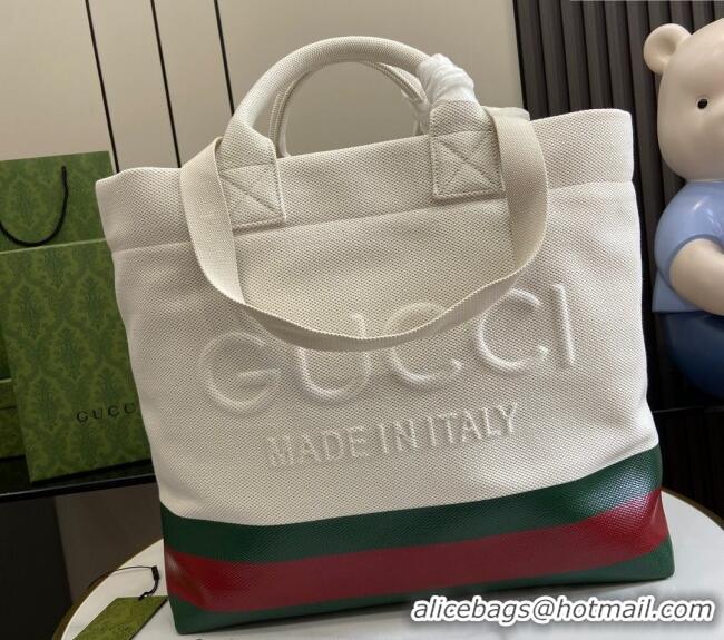 New Cheap Gucci Canvas Tote bag with Embossed Detail 782741 White/Green/Red 2024