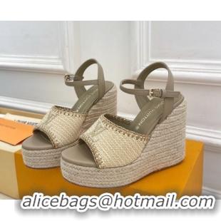 Duplicate Louis Vuitton Starboard Wedge Platform Sandals 12cm in LV Raffia and Leather Grey 0609023