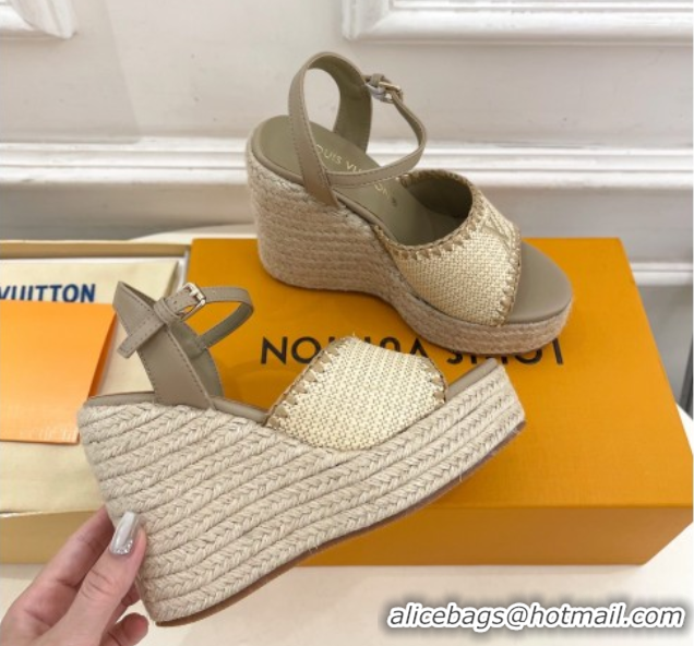 Duplicate Louis Vuitton Starboard Wedge Platform Sandals 12cm in LV Raffia and Leather Grey 0609023