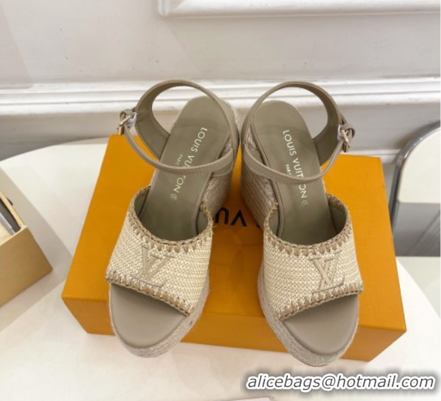 Duplicate Louis Vuitton Starboard Wedge Platform Sandals 12cm in LV Raffia and Leather Grey 0609023