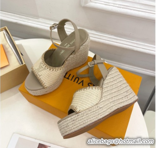 Duplicate Louis Vuitton Starboard Wedge Platform Sandals 12cm in LV Raffia and Leather Grey 0609023