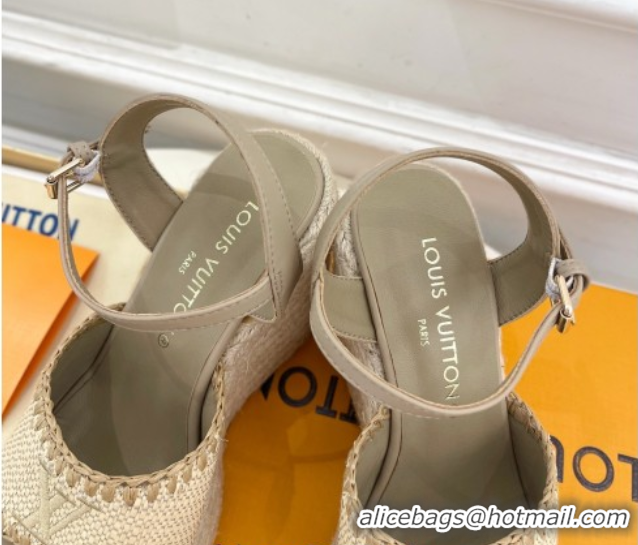 Duplicate Louis Vuitton Starboard Wedge Platform Sandals 12cm in LV Raffia and Leather Grey 0609023