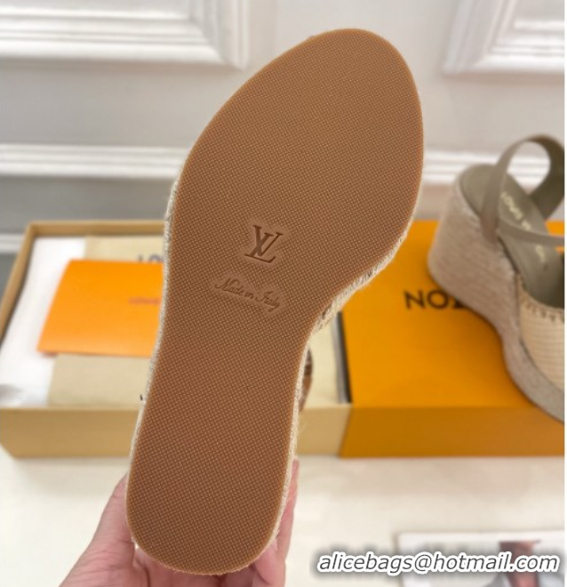Duplicate Louis Vuitton Starboard Wedge Platform Sandals 12cm in LV Raffia and Leather Grey 0609023