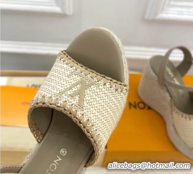 Duplicate Louis Vuitton Starboard Wedge Platform Sandals 12cm in LV Raffia and Leather Grey 0609023