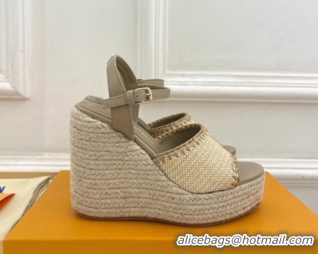 Duplicate Louis Vuitton Starboard Wedge Platform Sandals 12cm in LV Raffia and Leather Grey 0609023