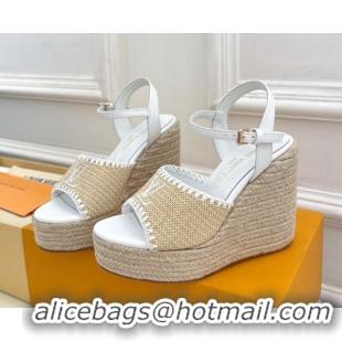 Stylish Louis Vuitton Starboard Wedge Platform Sandals 12cm in LV Raffia and Leather White 0609024