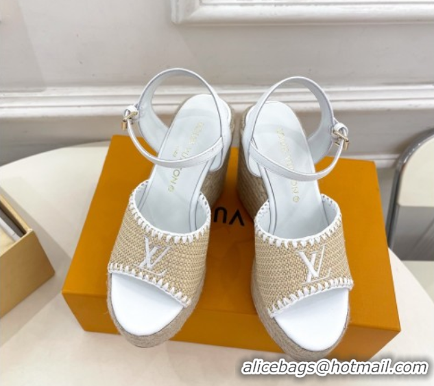 Stylish Louis Vuitton Starboard Wedge Platform Sandals 12cm in LV Raffia and Leather White 0609024