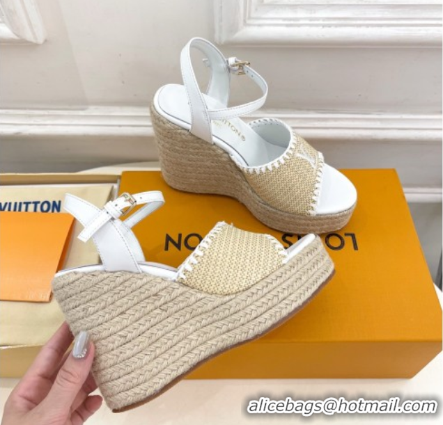 Stylish Louis Vuitton Starboard Wedge Platform Sandals 12cm in LV Raffia and Leather White 0609024