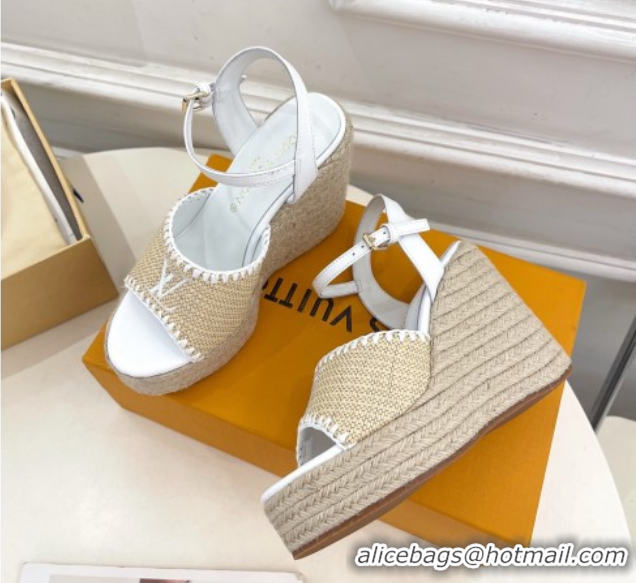 Stylish Louis Vuitton Starboard Wedge Platform Sandals 12cm in LV Raffia and Leather White 0609024