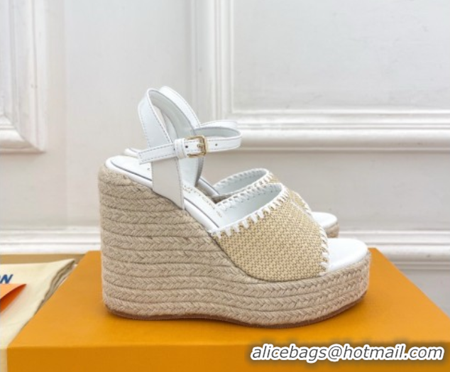 Stylish Louis Vuitton Starboard Wedge Platform Sandals 12cm in LV Raffia and Leather White 0609024