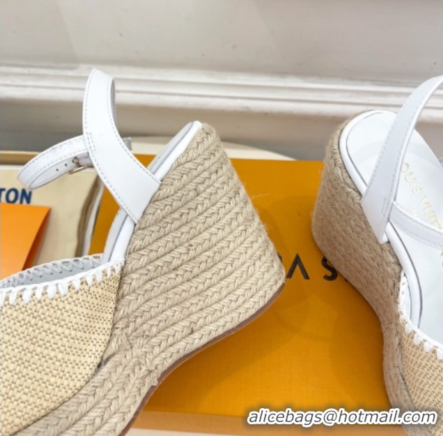 Stylish Louis Vuitton Starboard Wedge Platform Sandals 12cm in LV Raffia and Leather White 0609024