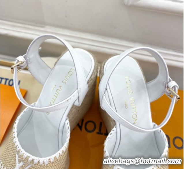 Stylish Louis Vuitton Starboard Wedge Platform Sandals 12cm in LV Raffia and Leather White 0609024