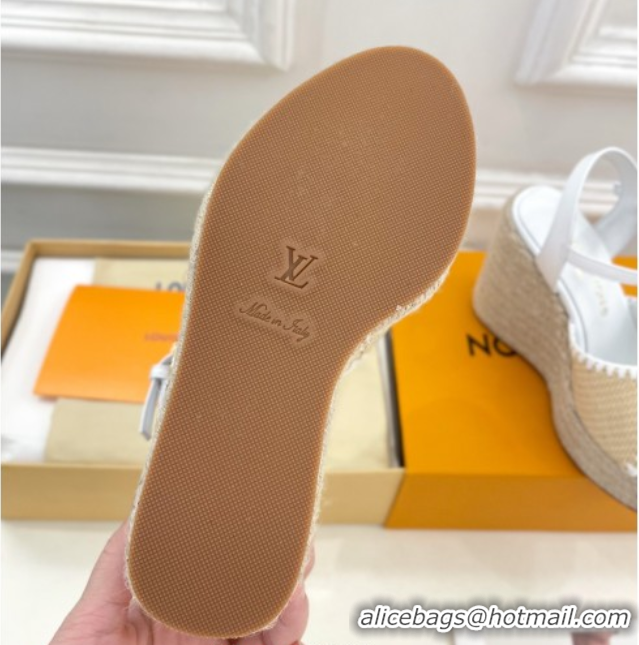 Stylish Louis Vuitton Starboard Wedge Platform Sandals 12cm in LV Raffia and Leather White 0609024