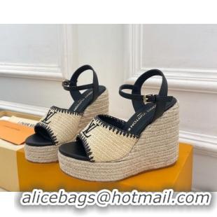 Grade Louis Vuitton Starboard Wedge Platform Sandals 12cm in LV Raffia and Leather Black 0609025