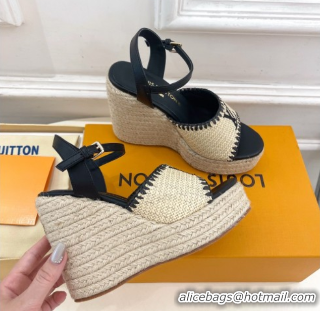 Grade Louis Vuitton Starboard Wedge Platform Sandals 12cm in LV Raffia and Leather Black 0609025