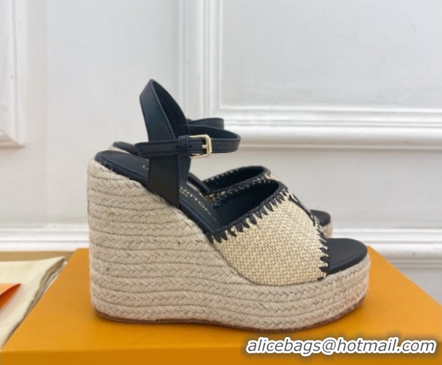 Grade Louis Vuitton Starboard Wedge Platform Sandals 12cm in LV Raffia and Leather Black 0609025