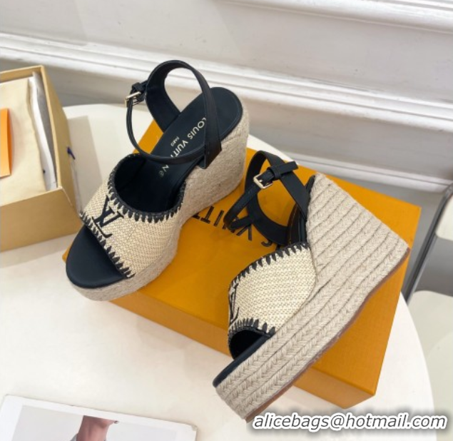 Grade Louis Vuitton Starboard Wedge Platform Sandals 12cm in LV Raffia and Leather Black 0609025