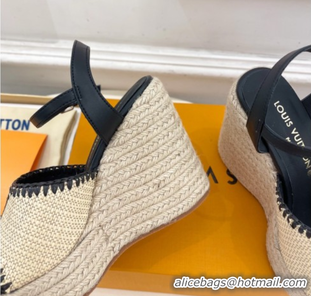 Grade Louis Vuitton Starboard Wedge Platform Sandals 12cm in LV Raffia and Leather Black 0609025