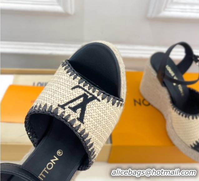 Grade Louis Vuitton Starboard Wedge Platform Sandals 12cm in LV Raffia and Leather Black 0609025