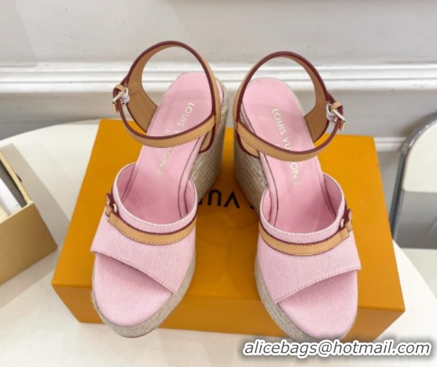 Good Product Louis Vuitton 6AM Wedge Platform Sandals 12cm in Monogram Denim Pink 0609026