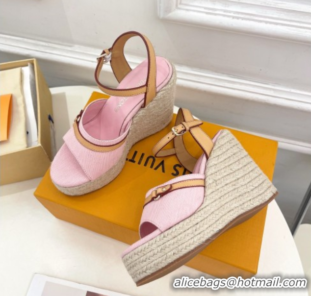 Good Product Louis Vuitton 6AM Wedge Platform Sandals 12cm in Monogram Denim Pink 0609026