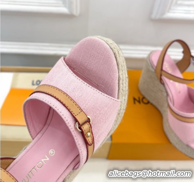 Good Product Louis Vuitton 6AM Wedge Platform Sandals 12cm in Monogram Denim Pink 0609026