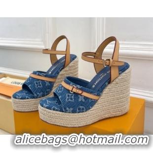 Luxurious Louis Vuitton 6AM Wedge Platform Sandals 12cm in Monogram Denim Blue 0609027