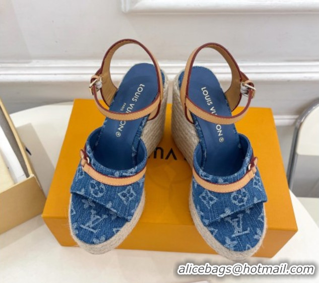 Luxurious Louis Vuitton 6AM Wedge Platform Sandals 12cm in Monogram Denim Blue 0609027