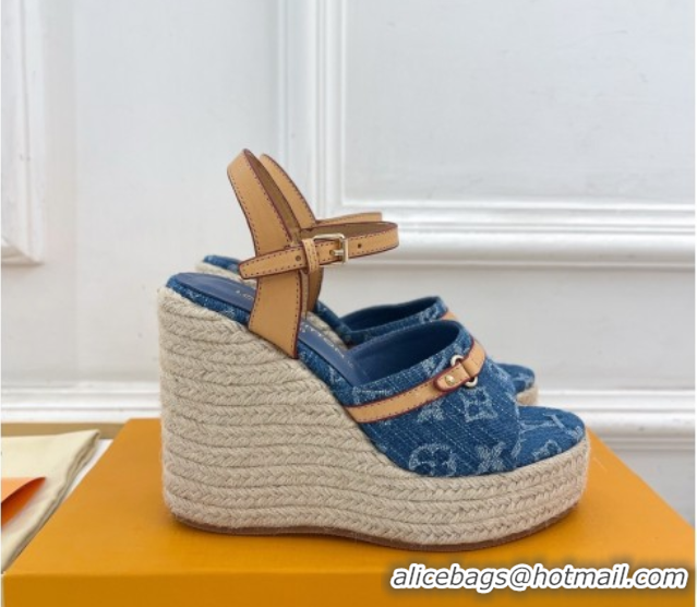 Luxurious Louis Vuitton 6AM Wedge Platform Sandals 12cm in Monogram Denim Blue 0609027