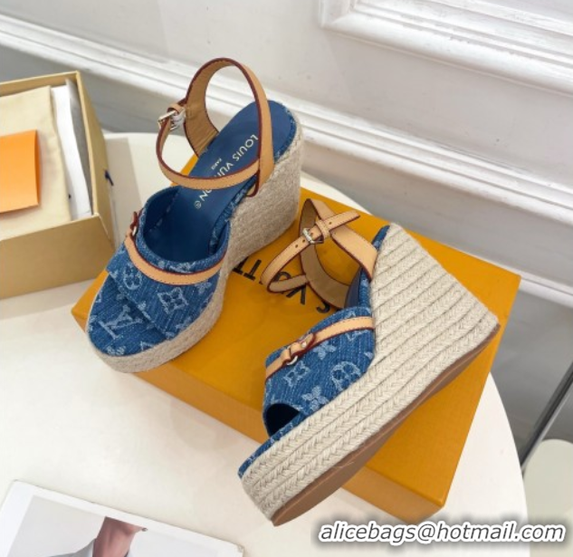 Luxurious Louis Vuitton 6AM Wedge Platform Sandals 12cm in Monogram Denim Blue 0609027