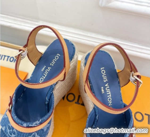 Luxurious Louis Vuitton 6AM Wedge Platform Sandals 12cm in Monogram Denim Blue 0609027