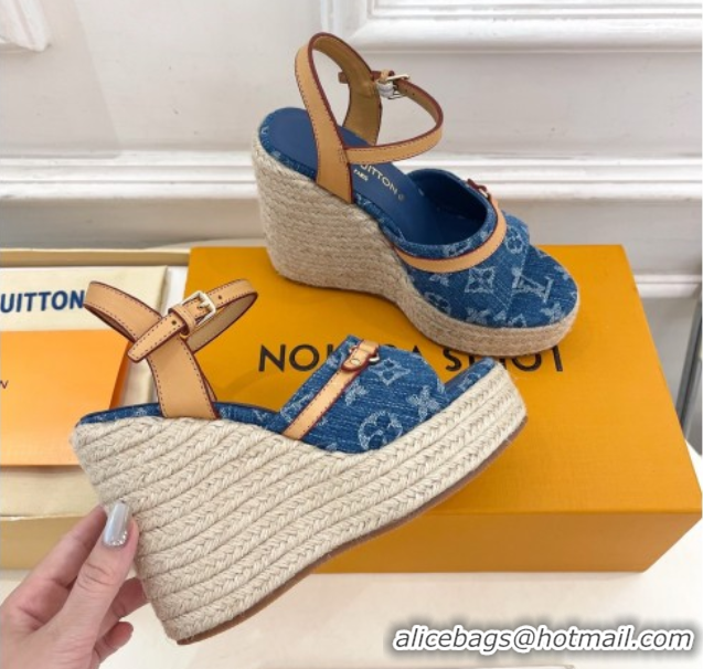 Luxurious Louis Vuitton 6AM Wedge Platform Sandals 12cm in Monogram Denim Blue 0609027