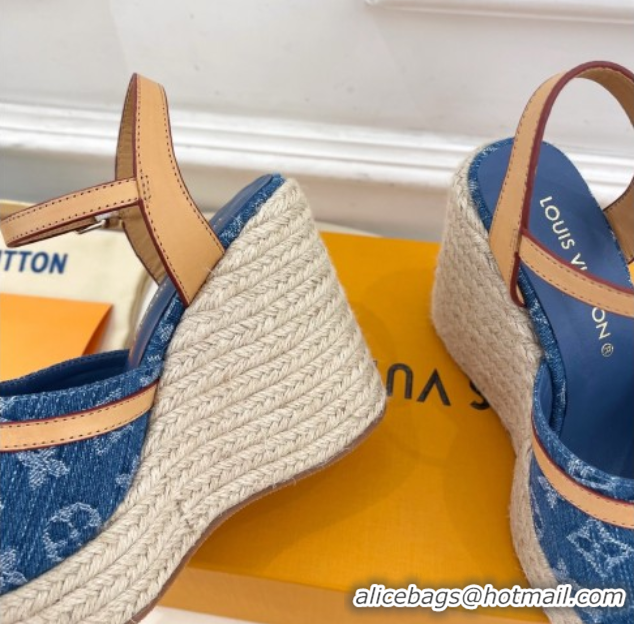 Luxurious Louis Vuitton 6AM Wedge Platform Sandals 12cm in Monogram Denim Blue 0609027