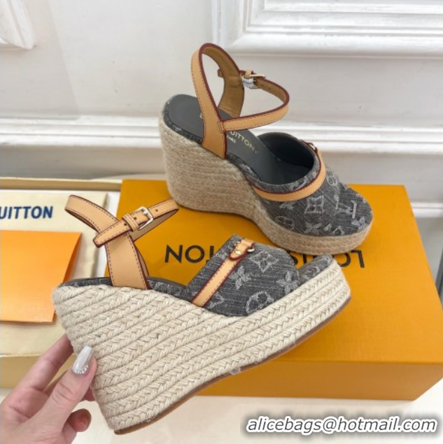 Top Grade Louis Vuitton 6AM Wedge Platform Sandals 12cm in Monogram Denim Grey 0609028