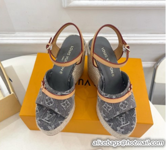 Top Grade Louis Vuitton 6AM Wedge Platform Sandals 12cm in Monogram Denim Grey 0609028