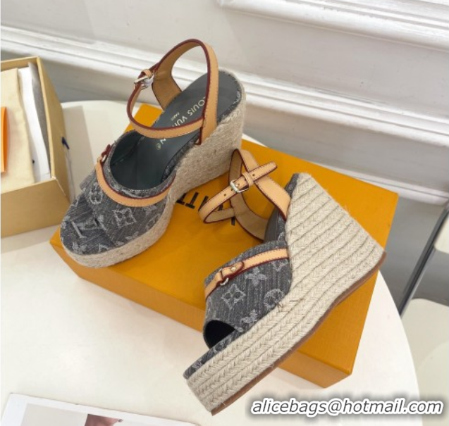 Top Grade Louis Vuitton 6AM Wedge Platform Sandals 12cm in Monogram Denim Grey 0609028