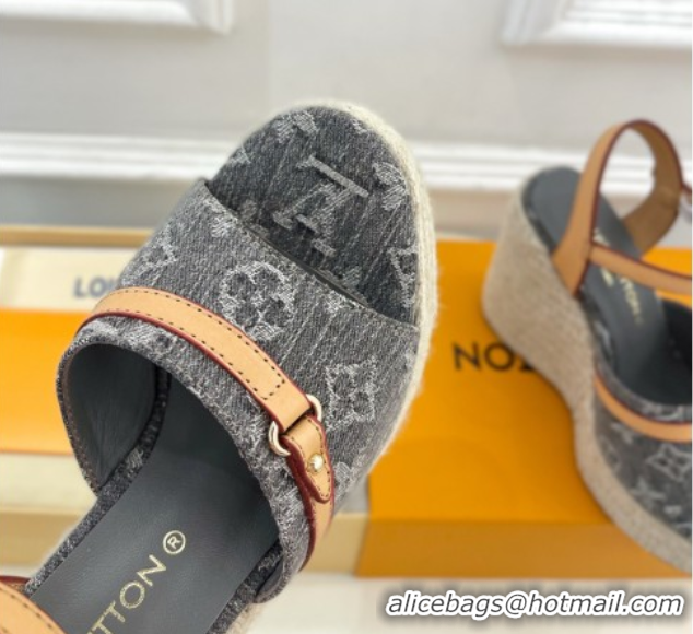 Top Grade Louis Vuitton 6AM Wedge Platform Sandals 12cm in Monogram Denim Grey 0609028
