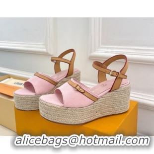 Pretty Style Louis Vuitton 6AM Wedge Platform Sandals 8cm in Monogram Denim Pink 0609029