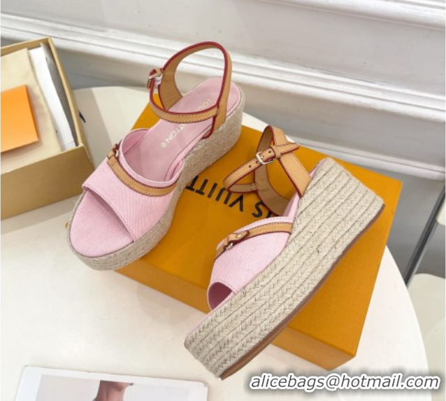 Pretty Style Louis Vuitton 6AM Wedge Platform Sandals 8cm in Monogram Denim Pink 0609029