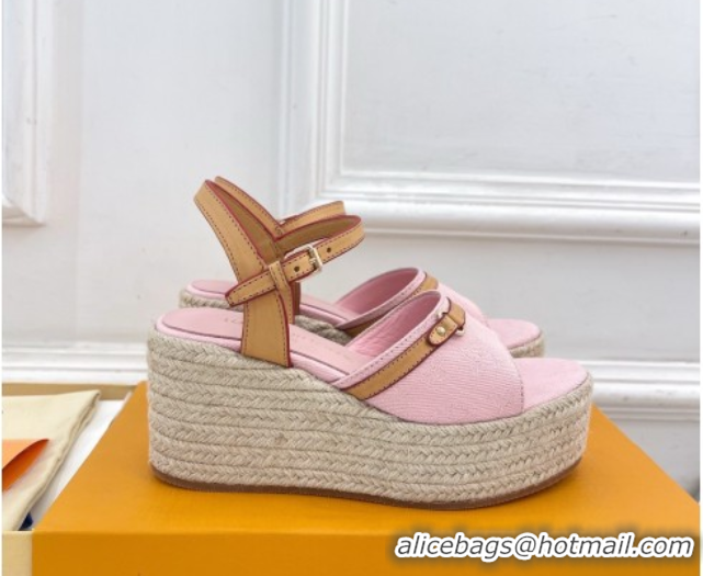 Pretty Style Louis Vuitton 6AM Wedge Platform Sandals 8cm in Monogram Denim Pink 0609029