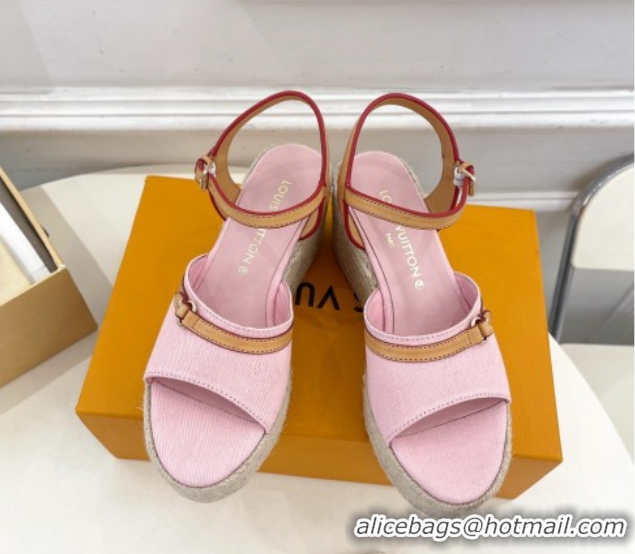 Pretty Style Louis Vuitton 6AM Wedge Platform Sandals 8cm in Monogram Denim Pink 0609029